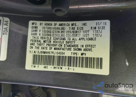 2015 Honda Cr-V Ex from USA, damaged, VIN 5J6RM4H57FL104554